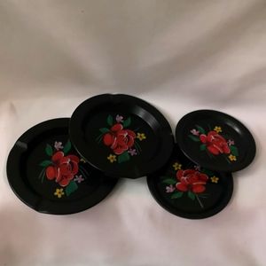 Vintage Set of Four Toleware Ashtray / Trinket Trays with Painted Rose Patterns